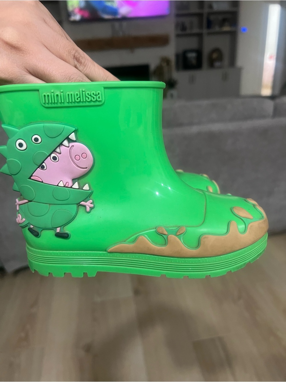 Mini Melissa Bright Green Dino Rain Boots with Tan Mud Detail